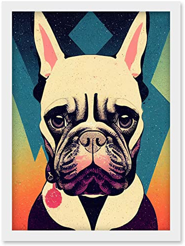 Wee Blue Coo French Bulldog Portrait Geometric Pastel Modern Illustration Artwork Framed Wall Art Print A4