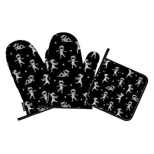 Samgula Niedliche Mumien-Ofenhandschuhe und Topflappen-Set, Dancing with Joy, lustig, Cartoon, hitzebeständig, 3 Stück zum Kochen, Backen, Grillen