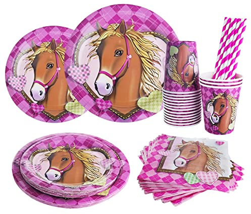 Bymivofun Set de Vaisselle pour Anniversaire de Cheval, pour 16 Invités, Fournitures de Fête de Cheval en Papier, pour les Enfants Décoration de Fête d'anniversaire de Douche sur le Thème du Cheval