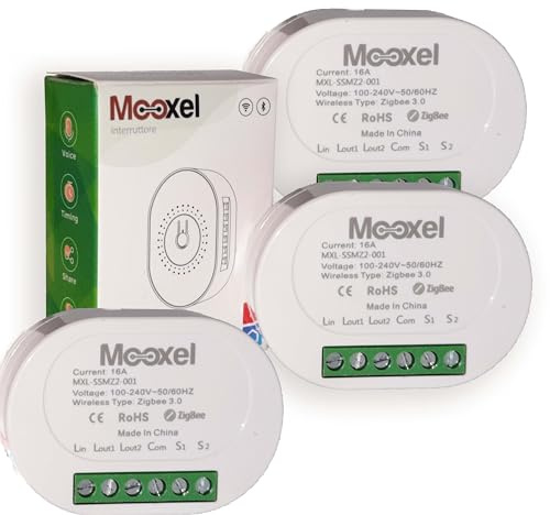 Mooxel® interruttore smart switch SENZA NEUTRO a 2 canali Zigbee wifi app tuya smartlife controllo vocale con Alexa e google home (3 Pezzi)