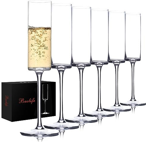 BACLIFE Crystal Champagne Flutes Set of 6 - Hand Blown Champagne Glasses With Long Stem - 6.5 oz Elegant Sparkling Wine Stemware - Unique Gift for Birthday,Wedding, Anniversary - Clear