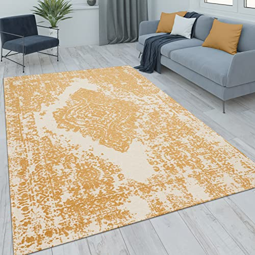 Paco Home Teppich Wohnzimmer Schlafzimmer Kurzflor Vintage Orientalisches Abstraktes Muster Ornamente Moderne Deko, Grösse:80x150 cm, Farbe:Weiß-Gelb