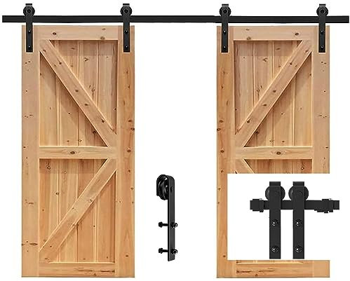 Betens 8.2FT=250cm Binario per Porta Scorrevole Kit, Nero J-Forma Scorrevole Doppia Anta Acciaio al Carbonio, Kit Accessori con Guida a Pavimento Regolabile Scorrevole per Porta Kit
