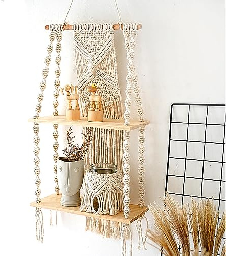 GDWD Wandregal Holz, Boho Deko Hängeregal, Makramee Wandbehang Regal, Wanddeko Handgewebte Schweberegal, Quaste Natürliches Schwimmende Regal für Wohnzimmer, Schlafzimmer, Badezimmer, Balkon, Flur