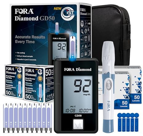 FORA Diamond GD50a Blutzuckermessgerät (mg/dl) mit 110 Blutzuckerteststreifen, und 110 Lanzetten für Diabetes zur Blutzucker-Selbstkontrolle