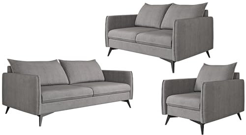 S-Style Möbel Nina Sofagarnitur 3 2 1 Polstergarnitur Couchgarnitur Couch-Set 3-Sitzer Sofa 199x91x86cm 2-Sitzer Sofa 138x91x86cm Sessel 74x91x86cm Schwarze Metallfüße Grau