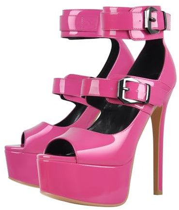 MissHeel Escarpins à plateforme à bout ouvert avec boucles et talons, Rose, 40 EU