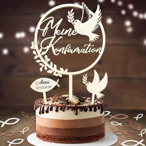 Tortendeko Konfirmation, Cake Topper Meine Konfirmation Holz & 36 Stück Holz Fische Tischdeko & Taube Fisch Kuchen Deko, Deko Junge Mädchen