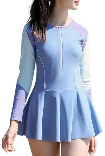 Maeau Girls Swimming Costume One-Piece Swimming Dress with Underwear Long Sleeve Rash Guard Surfing Swimsuit Dress Kid Girls Bathing Suit 02 Blue 14-16 Y