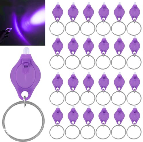 MODOAO Mini torcia a LED con portachiavi, confezione da 24 pezzi, portatile, ultra luminosa, alimentata a batteria, torcia UV con portachiavi, per passaporto, carta d'identità, valuta e illuminazione
