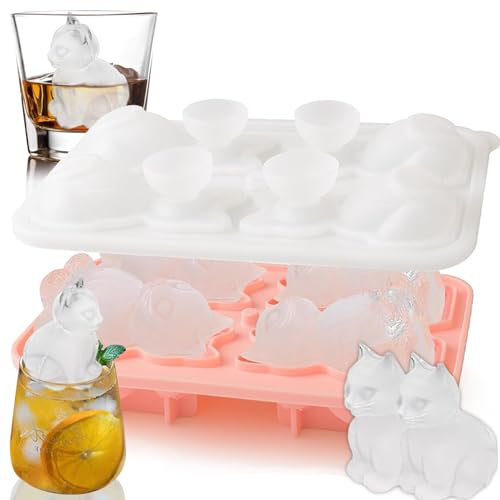 Silikon Eiswürfelform Katzen, 4 Niedliche 3D Kätzchen Eiswürfelformen, Katze Eiswürfel Form, Wiederverwendbar Eiswürfelbehälter mit Deckel und Trichter, BPA-Frei, für Eis, Whiskey, Cocktail, Saft
