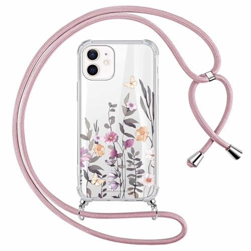 Foonary Transparente Funda con Cuerda para Apple iPhone 11 6,1, Carcasa Aesthetic Case con Ajustable Collar Correa de Cuello Cordón Silicona Antigolpes PC + TPU Cover para iPhone 11, Flore 9