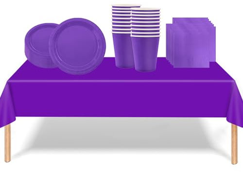 53PCS Deep Purple Tableware Decorations for Kids Birthday,Disposable Party Tableware Set Tablecloth Table Covers,7inch Paper Plates,Paper Napkins,Cups for Halloween Birthday Wedding Party Favor