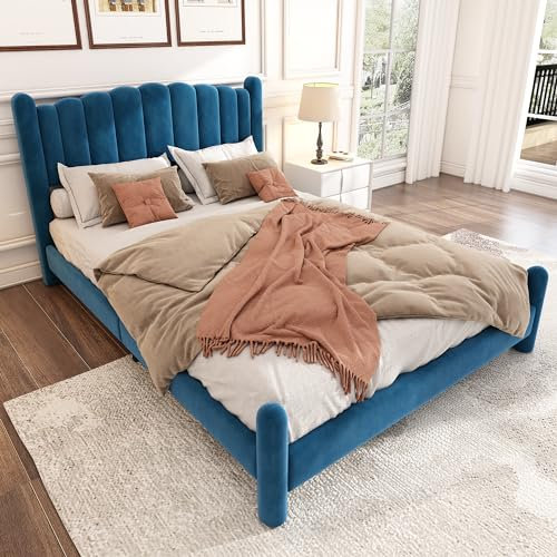 FEZTOY Stilvolles Polsterbett Doppelbett 180 x 200 cm, Bett Bettgestell mit Lattenrost, Zylindrische Stützbeine,Samt, Jugendbett,ohne Matratze Blau