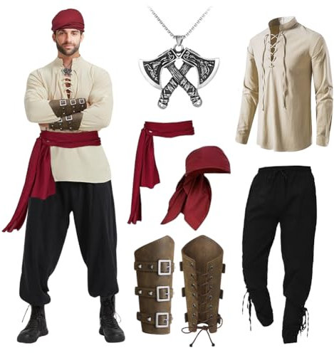 Pirate Costume Men's 7 Pieces Medieval Clothing Men's Set, Men's Renaissance Costume Set with Medieval Trousers Men's Medieval Shirt Viking Pirate Headscarf Belt Wrist Strap Axe Necklace, Men's pirate