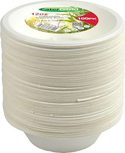 Catergold Eco-Bio Bagasse Bowls, Disposable Plates, Sugarcane Fibre, White, for Parties, Picnics, BBQs (Bowl 12oz 100 Pack)