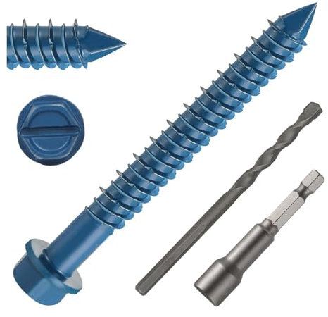 DAYALO Lot de 30 vis à béton à tête hexagonale M6,5 x 57 mm Vis à béton galvanisée avec foret et clé à douille hexagonale pour maçonnerie, béton, architecture, industrie (bleu)
