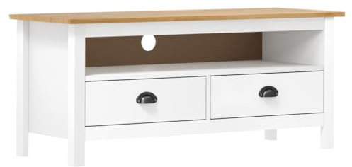 AUVYI Meuble TV de salon, blanc et marron, 110 x 40 x 47 cm, en pin massif, style rétro, pour chambre à coucher, décoration élégante, meuble TV, beaucoup d'espace de rangement pour clés, blocs-notes,