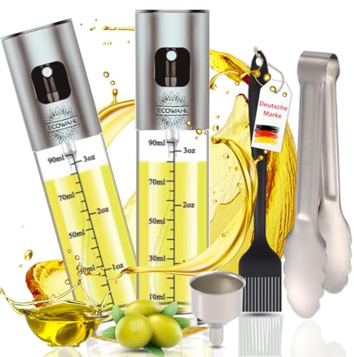 ecoWahl 2X Ölsprüher Für Speiseöl Öl Sprühflasche ölsprüher für heißluftfritteuse Sprühflasche Öl Oil sprayer mit Grillzange, Backpinsel & Trichter
