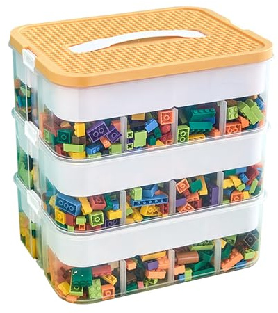 Keyacht Aufbewahrungsbox mit Deckel für Lego, Transparent, Stapelbar, Bauplatte, Dreischichtig Orange