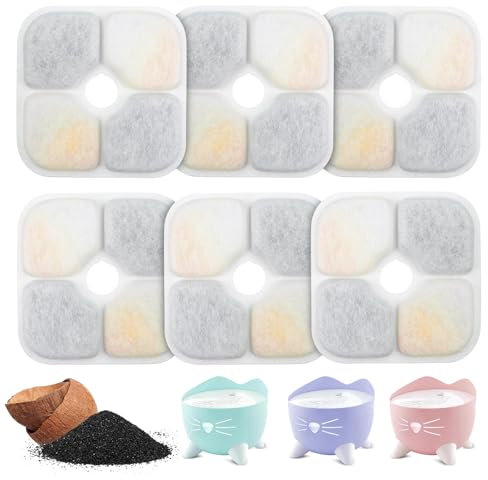 Dunkwckore 6PCS Filtro Fuente para Gatos, Filtro de Repuesto para Gato Fuentes, Filtros Fuente Gatos con Resina Activada por Carbono Tres Capas Sistema de Filtración Compatible con Catit Pixi