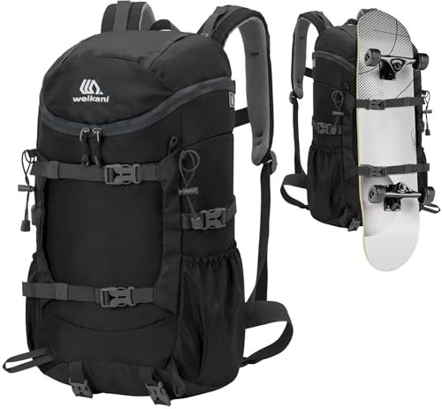 Outplea 30L Leicht Wanderrucksack Herren Damen, Multifunktional Reiserucksack mit Skateboard Gurte, Tagesrucksack Sportrucksack für Wandern Outdoor Camping Freizeit, Schwarz