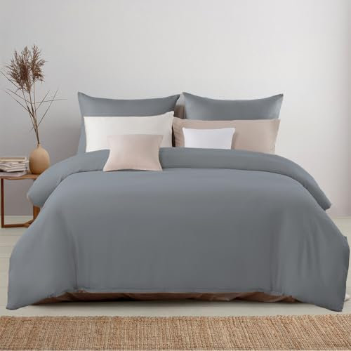 Beqnat Housse de Couette 140x200 cm avec 1 Taie d'oreiller 65x65 cm (Gris), Parure de Lit 1 Personne 140 x 200 cm en Microfibre, Couverture Non Repassable et Infroissable avec Fermeture à Glissière