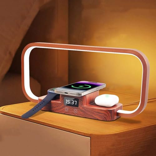 AoLa 6W LED Nachttischlampe mit Ladefunktion Touch Dimmbar Tischlampe 3 in 1 mit Handy Bluetooth-Kopfhörer Armbanduhr Kabelloses Laden Nachtlicht für Kinder Schlafzimmer Büro