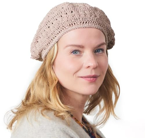 CHARM Baskenmütze Damen Beret Häkelmütze Barrett - Sommer Mütze Pantomime Französische Mütze Strickmütze Lochmuster Rosa Beige