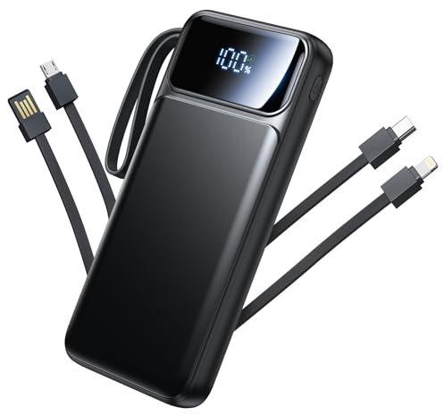 Batterie Externe 10000mAh Power Bank,Chargeur Portable 22.5W PD Rapide avec 4 Câbles Intégrés (USB-C/Lightning/USB-A/Micro-USB),6 Sorties & 3 Entrées pour iPhone 16/15, Samsung S24/S23, iPad, AirPods