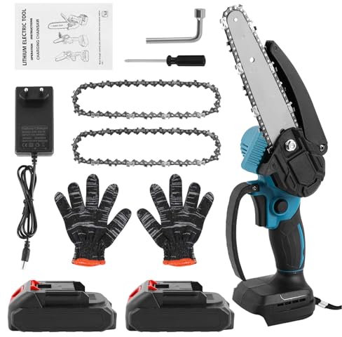 7500mAh Mini Tronconneuse a Batterie, 6 Pouces Tronçonneuse Electrique Sans Fil, 21V Tronçonneuse, 2 Chaînes, Vitesse de coupe 5 m/s, Pour le Jardin la coupe et la taille du bois (batteries*2)