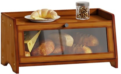 BAMBANG Bread Bin for Kitchen Countertop, Bamboo Bread Box Wooden Farmhouse Bread Storage Container, Small Breadbox Organizer for Counter Cabinet Pantry, Brown