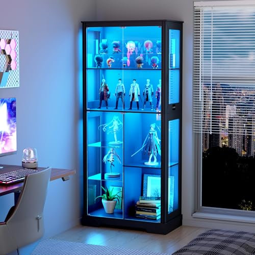OUTDOOR DOIT 71″ Glass Display Cabinets with Human Sensor 3-Color Lights,Large Display Case with Adjustable Glass Shelves, Multi-layer Curio & Bookcase Storage Cabinet for Living Rooms,Study,Black