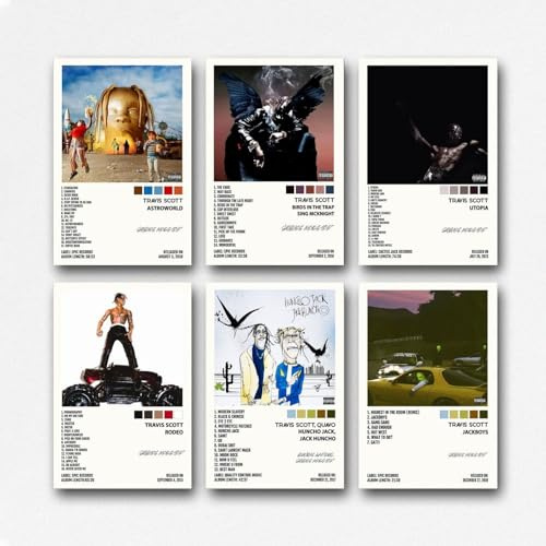 A Juego de 6 pósteres de Travis Scott Rapper Álbum de Música Cover Póster para Habitación, Arte Estético de Pared de Pared Póster Decoración de Dormitorio Póster 08 x 12 pulgadas (20 x 30 cm)