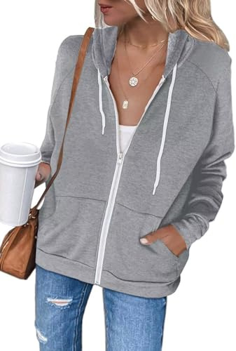 LACOZY Sports Jacket Womens Casual Long Sleeve Zip Up Hoodies Solid Drawstring Hooded Sweatshirts Grey L