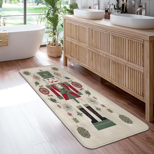 Nutcracker Runner Rug, Christmas Festive Holly Snowflake Christmas Red Low Pile Sponge Aesthetic Rectangle Home Floor Carpet for Kitchen Entryway Bathroom Doorway Decor 2x6 Ft
