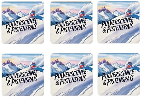 Oberbayern Skifahrer 6er Set Untersetzer aus Holz - Pulverschnee & Pistenspaß lustiger Holz-Untersetzer für Ski-Fans im Winter