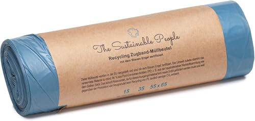 TSP Recycling Zugband Müllbeutel 35L - zu mind. 90% aus Post-Consumer-Abfällen (PE) - Blauer Engel zertifiziert - sicher & reißfest - für den Restmüll und die Wertstoffsammlung (35 Liter (15 Stück))