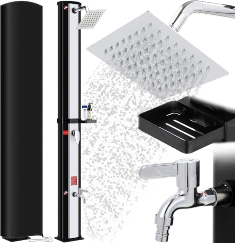 Ducha Solar 60 litros, Ducha de Jardín con Cabezal de Ducha, Grifo, Caja de Jabón y Cubierta Protectora, Temperatura del Agua hasta 60°C, Ducha de Piscina Camping sin Conexión Eléctrica