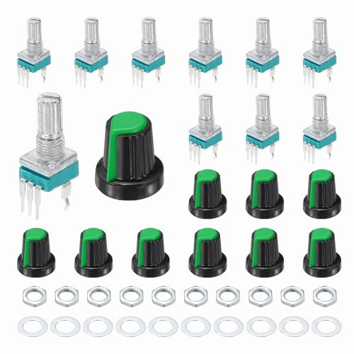 QUARKZMAN 10Stk RK097N B500K Potentiometer 3Pin Einfach Linear Drehend 15mm | Logarithmische Potentiometer, Dicht, Verstärker, Geriffelte Welle, Mit Grünem AG2 Kunststoffknopf, Vertikal