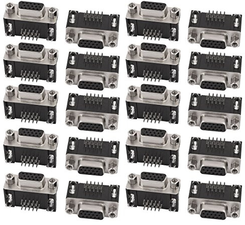 sourcing map 20Pcs DB 15 Pin 3 Row Female D-SUB VGA Connector PCB Mounting Right Angle