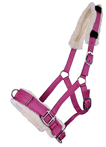 QHP Kappzaum/Halfter-Kombi Kunstfell Polsterung 3 Edelstahl D-Ringe (Fuchsia, Full)