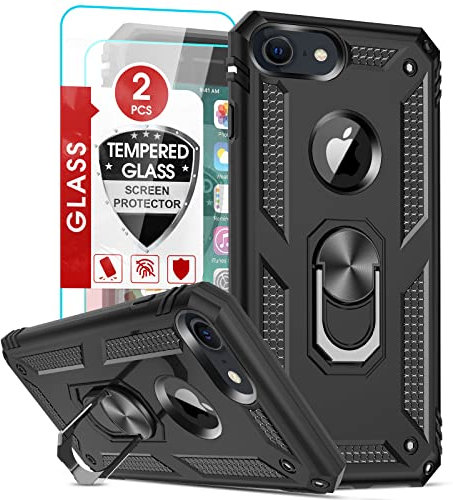 LeYi for iPhone SE 3 2022 Case,iPhone SE 2020 Case, iPhone 8/7 Case,iPhone 6/6S Case and 2 Tempered Glass Screen Protector,Ring Holder Shockproof Tough Protective Silicone TPU Armour Phone Cover Black