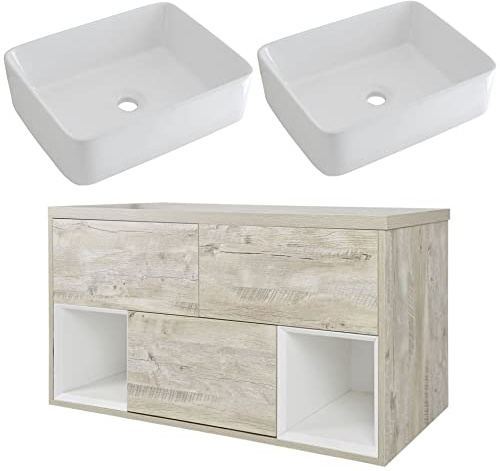 Milano Light Oak Wall Hung Bathroom Vanity Unit Rectangular Basins 1200mm