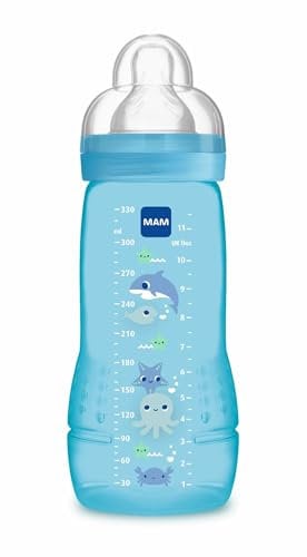 MAM Easy Active Baby Bottle, Easy-to-Grip Ergonomic Bottle, Large Learning Bottle, MAM No. 3 Silicone Teat and Leak-Proof Lid, 4+ Months, Blue, 330 ml