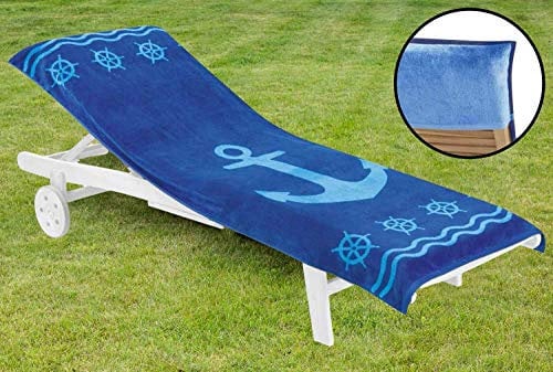 Delindo Lifestyle Frottee Bezug für Gartenliege Anker blau XXL, Schonbezug für Sonnenliegen, Liegenauflage aus 100% Baumwolle, 83x200 cm