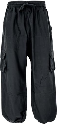 GURU SHOP Goahose, Herren Yoga Hose aus Baumwolle, Olive/schwarz | bequeme Freizeithose, elastischer Bund, tiefes Schritt-Design, Cargo-Pockets, seitliche Taschen