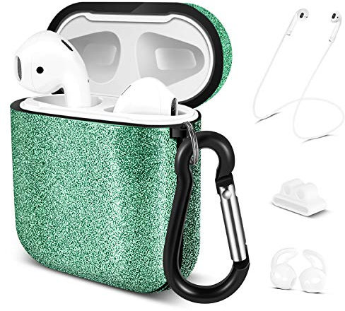TNP AirPods Hülle Mit Karabiner - Kompatibel Mit Apple AirPods 2 Ladecase & 1 Generation - Glitzer Grün, Weiche TPU Schutzhülle, Silikon Halteband, Ohrhalter Zubehör Set