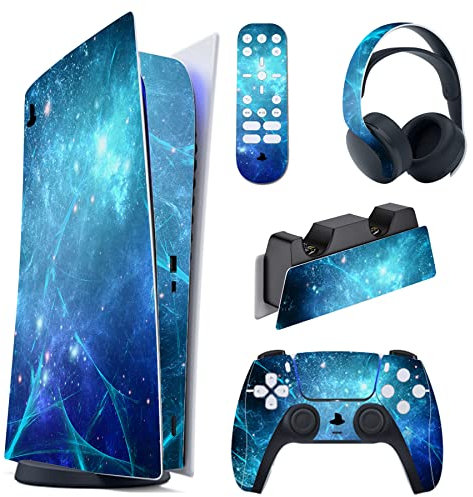 PlayVital Skin Kompatibel mit ps5 Konsole Digital Edition, Aufkleber Vinyl-Skin Schutzfolie Stickers für PS5 Konsole,Controller,Ladestation,Headset,Medienfernbedienung-Blauer Nebel