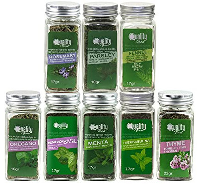 Pack d'herbes aromatiques méditerranéennes. Idéal pour cadeaux et l'usage quotidien. 8 bocaux en verre, réutilisables. Thym, origan, basilic, fenouil, romarin, menthe, persil et menthe poivrée.